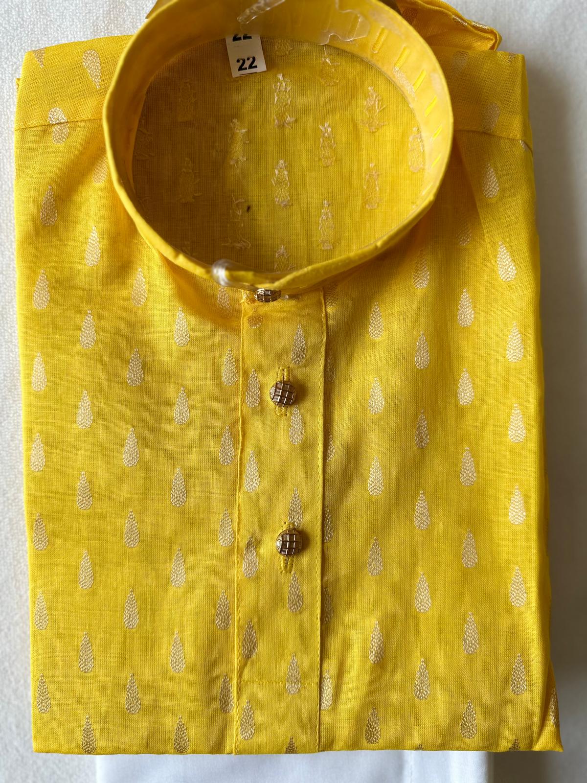 Yellow Silk Kurta with Gold drops butta