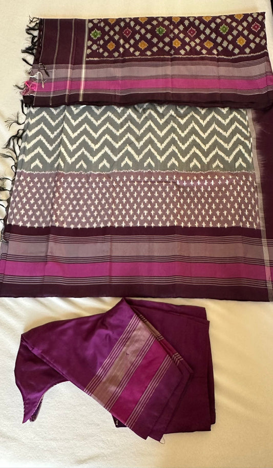 Grey Double Ikkat Patola Saree with Dark Purple Border and Pallu