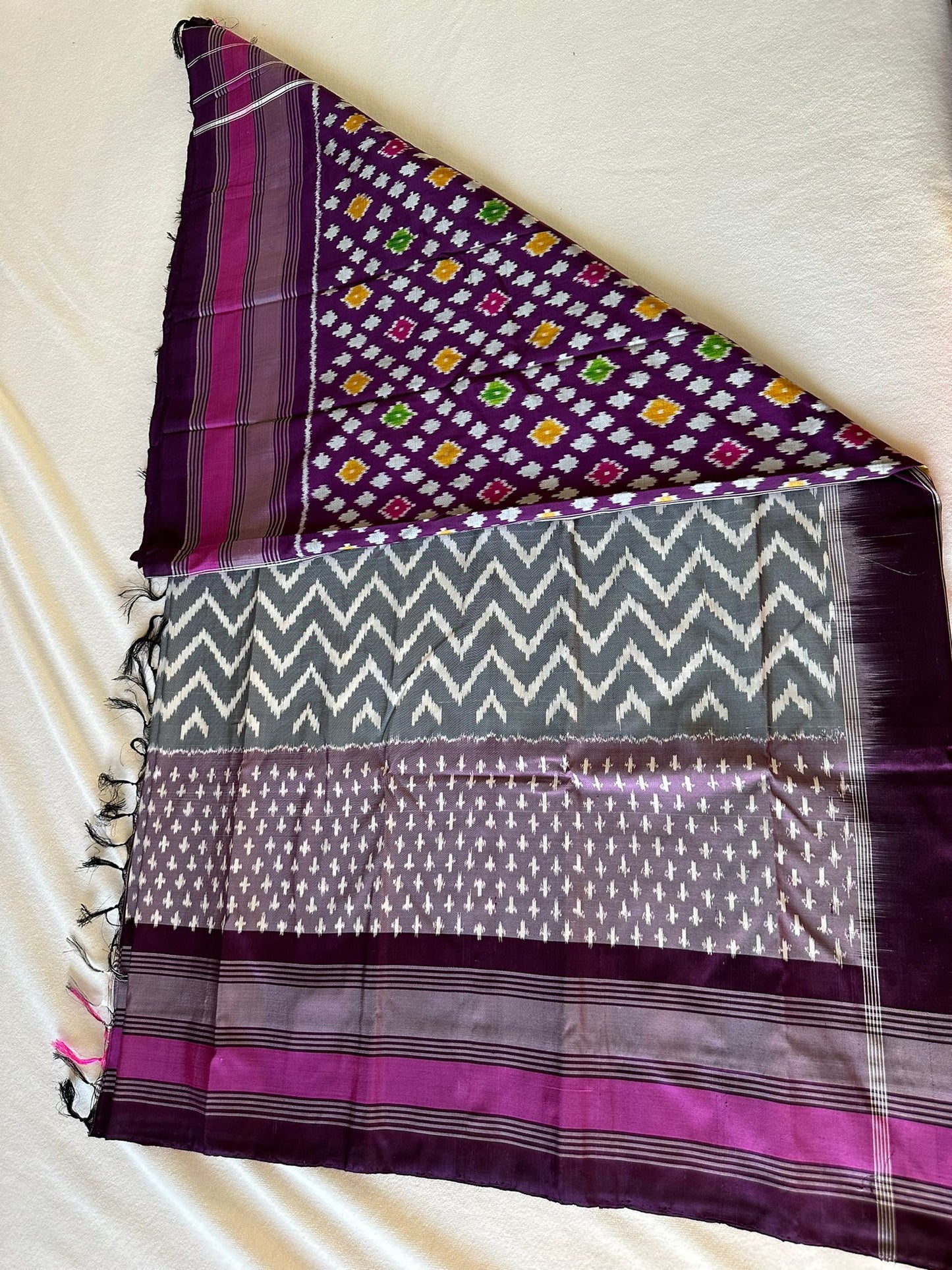 Grey Double Ikkat Patola Saree with Dark Purple Border and Pallu