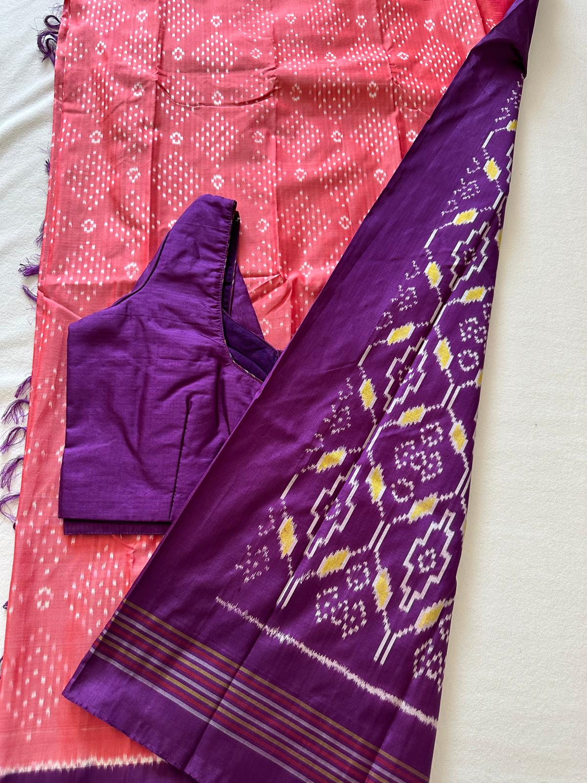 Peach and Purple Double Weave Ikkat Patola Saree