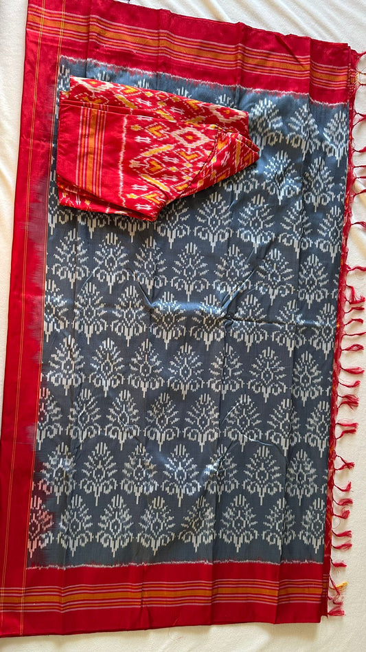 Red and Grey Double Weave Ikkat Patola Saree